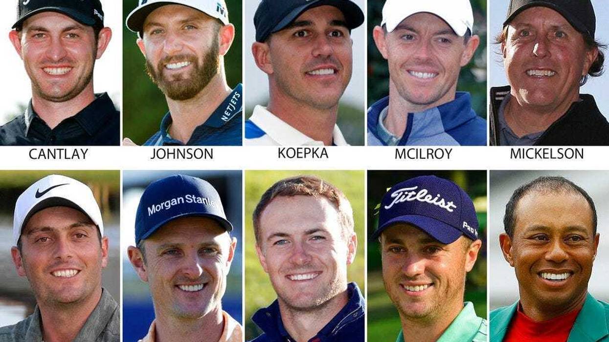 10 contenders for the U.S. open golf tournament. They are: Patrick Cantlay, Dustin Johnson, Brooks Koepka, Rory McIlroy, Phil Mickelson, Francesco Molinari, Justin Rose, Jordan Spieth, Justin Thomas and Tiger Woods.