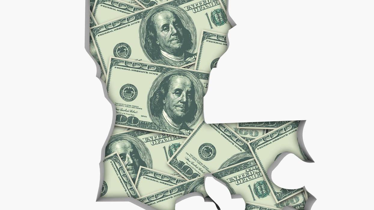 $100 bills inside the shape of the state of Louisiana