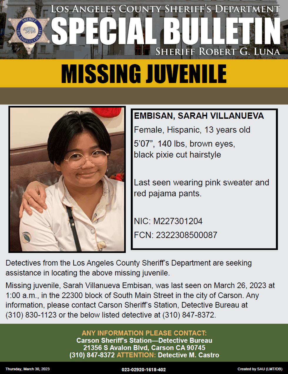 13-Year-Old Last Seen In Carson Reported Missing