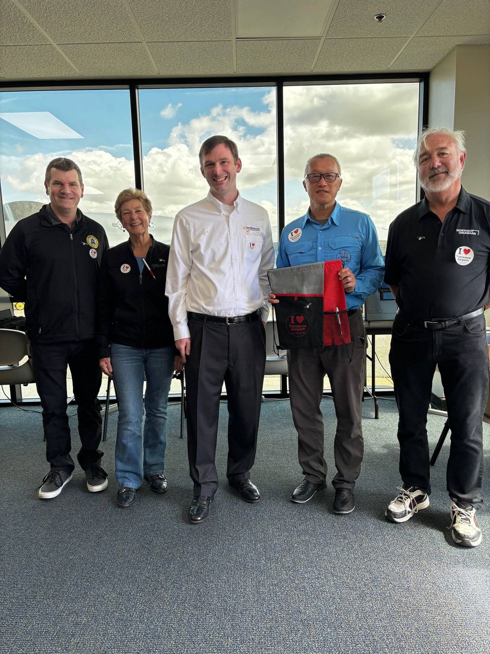 2023 STEM Day at the Airport with Sr. Director of Secondary Education Dr. Ben Egan (he supports and arranges the TUSD side of the event), Anne Minder, David Smith (Pres and CEO of Robinson Helicopter Co and partner on STEM Day), Mayor of Torrance George Chen, and Rick Bohner a lead STEM Day volunteer.