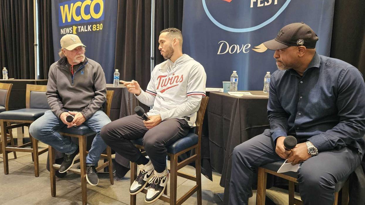 2024 TwinsFest with (L-R) Twins radio broadcaster Dan Gladden, shortstop Carlos Correa, and WCCO's Henry Lake.