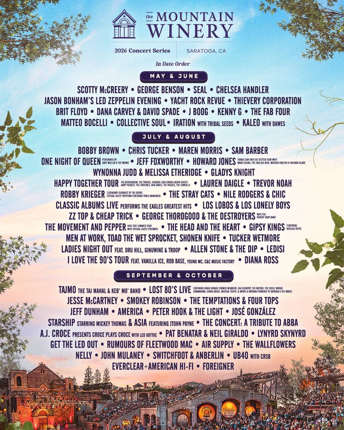 2026 concert series lineup for The Mountain Winery, Saratoga, CA, listing many artists.