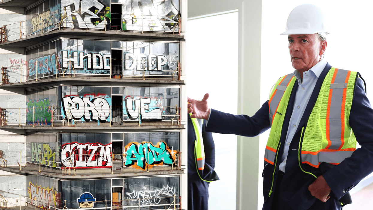 27 Floors Of Unfinished L.A. Luxury Skyscraper Tagged With Graffiti (L), Rick Caruso (R)