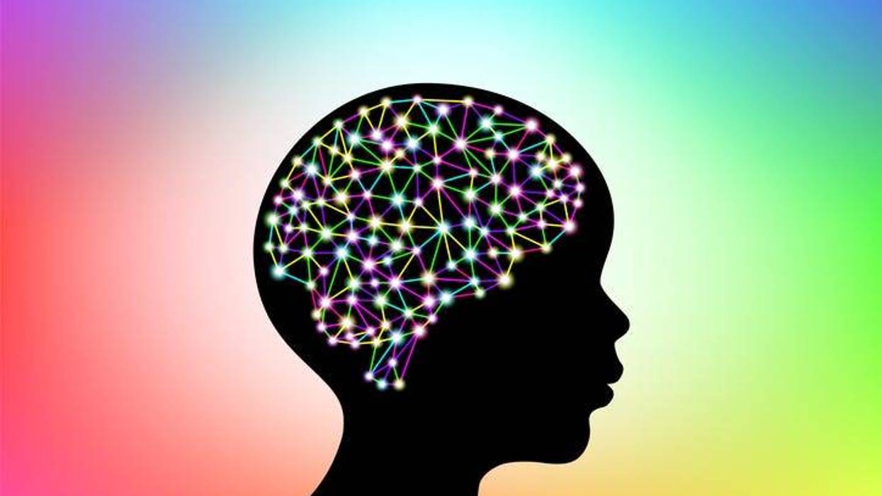 3d digital neuro multicolored colorful glowing human brain with child head black silhouette
