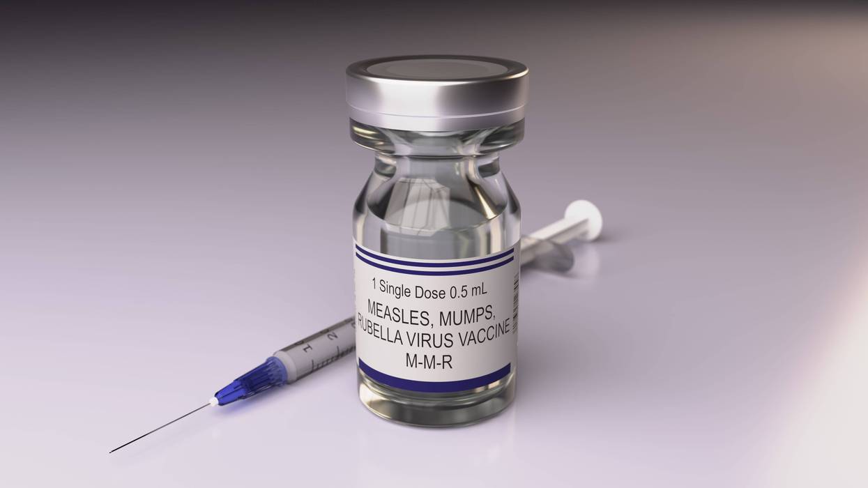 3D illustration of Measles, Mumps, Rubella virus vaccine vial and syringe