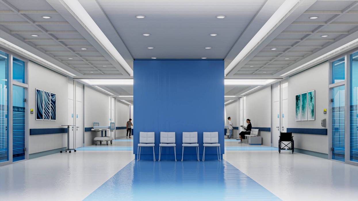 3D rendering of a hospital interior with lots of copy space