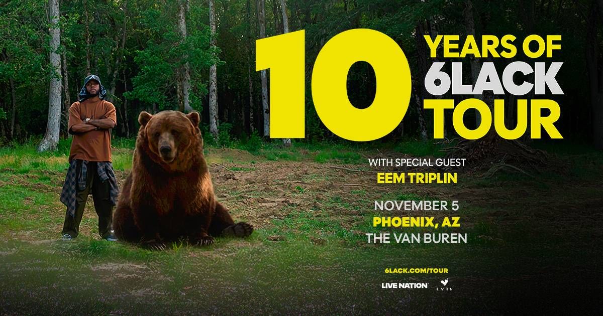 6LACK stands with a brown bear in a forest on his '10 Years of 6LACK Tour' poster.