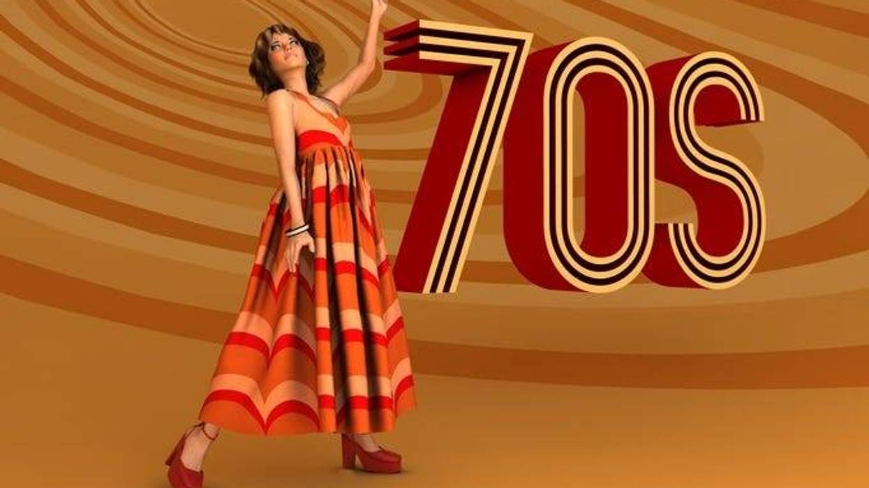 70s style lady in weird orange dress
