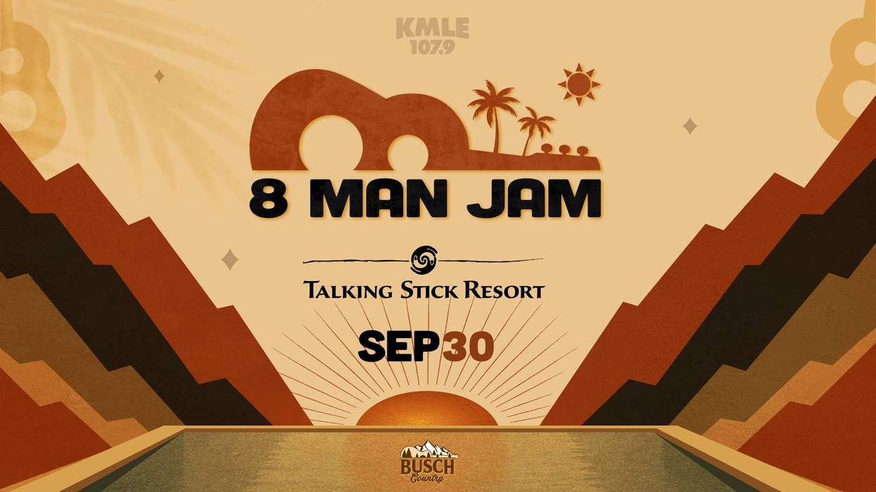 8 Man Jam concert poster for KMLE 107.9 at Talking Stick Resort, Sep 30. Features guitar & palms.