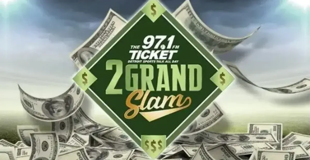 97.1 The Ticket "2 Grand Slam" radio promotion logo: green diamond with dollar signs, money falling.