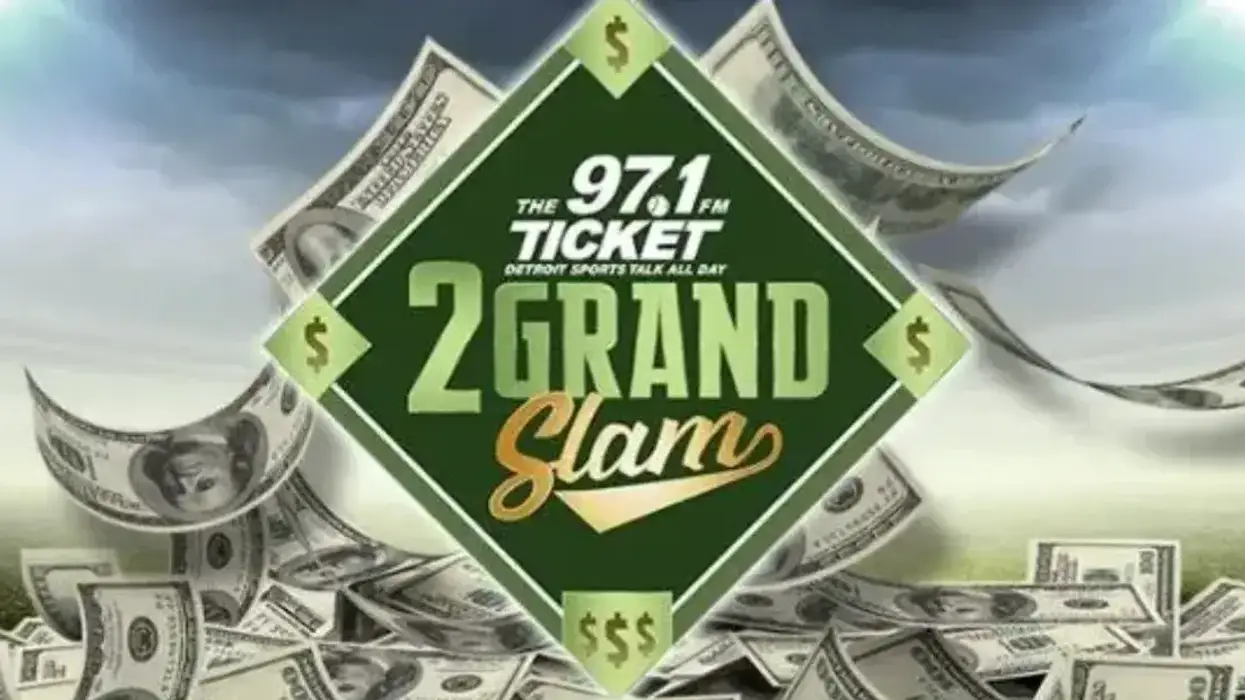 97.1 The Ticket "2 Grand Slam" radio promotion logo: green diamond with dollar signs, money falling.