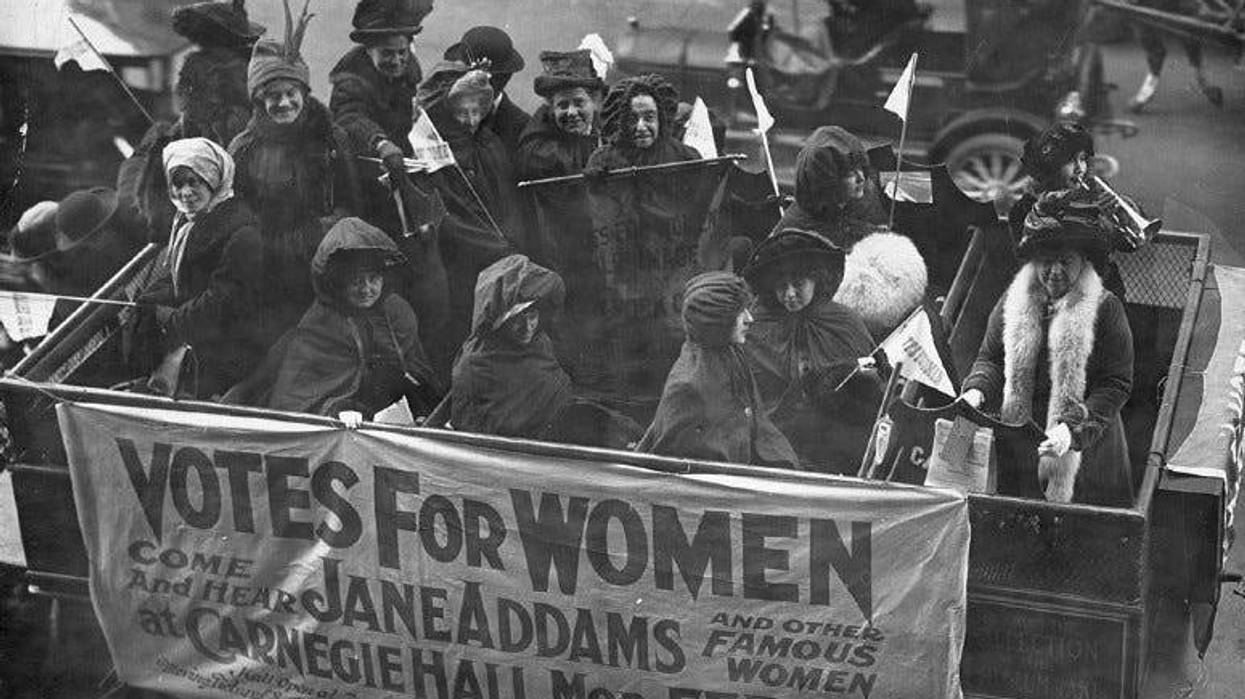 9th February 1913: A banner advertising a talk on the Women's Suffrage Movement by Jane Addams and others at Carnegie Hall in New York.