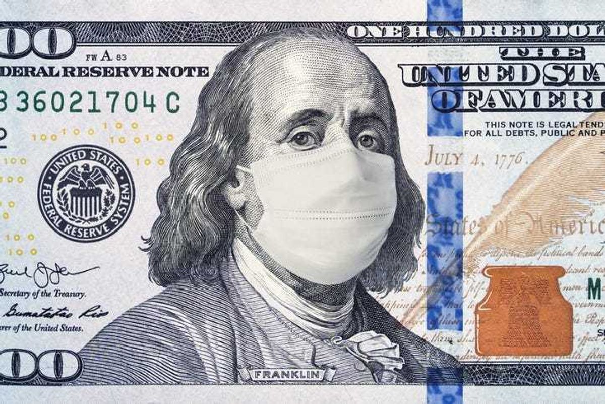 A 100 dollar bill with Benjamin Franklin wearing a mask, depict funding for the pandemic.