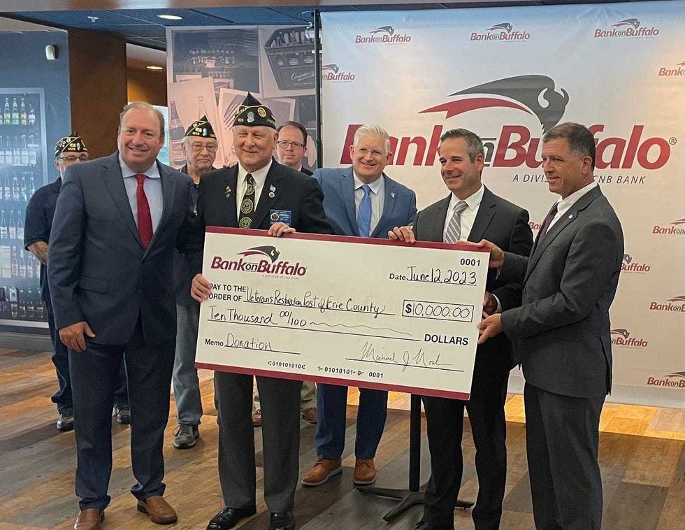 A $10,000 donation from Bank on Buffalo to Veterans Post Restoration as part of a Wednesday fundraiser for veterans