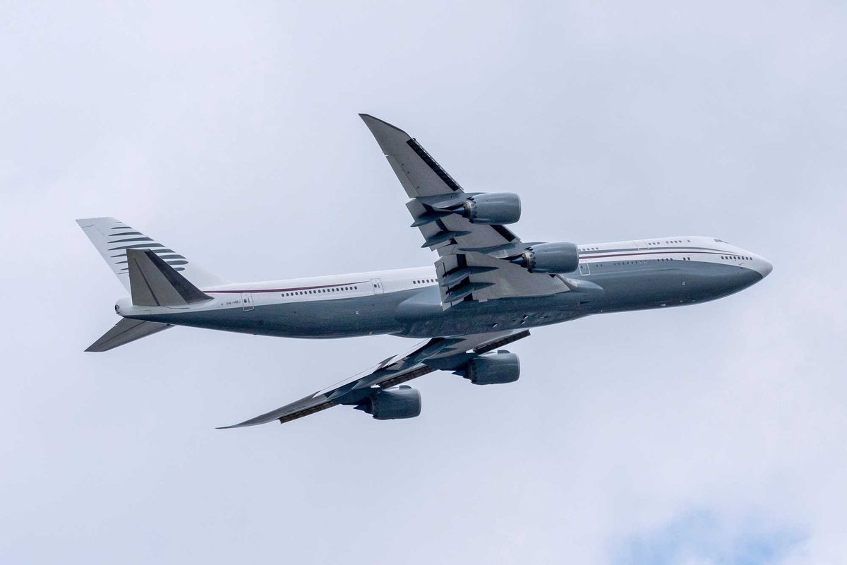 A 13-year-old private Boeing aircraft that President Donald Trump toured on Saturday to check out new hardware and technology features, and highlight the aircraft maker's delay in delivering updated versions of the Air Force One presidential aircraft, takes off from Palm Beach International Airport, Feb. 16, 2025, in West Palm Beach, Fla.
