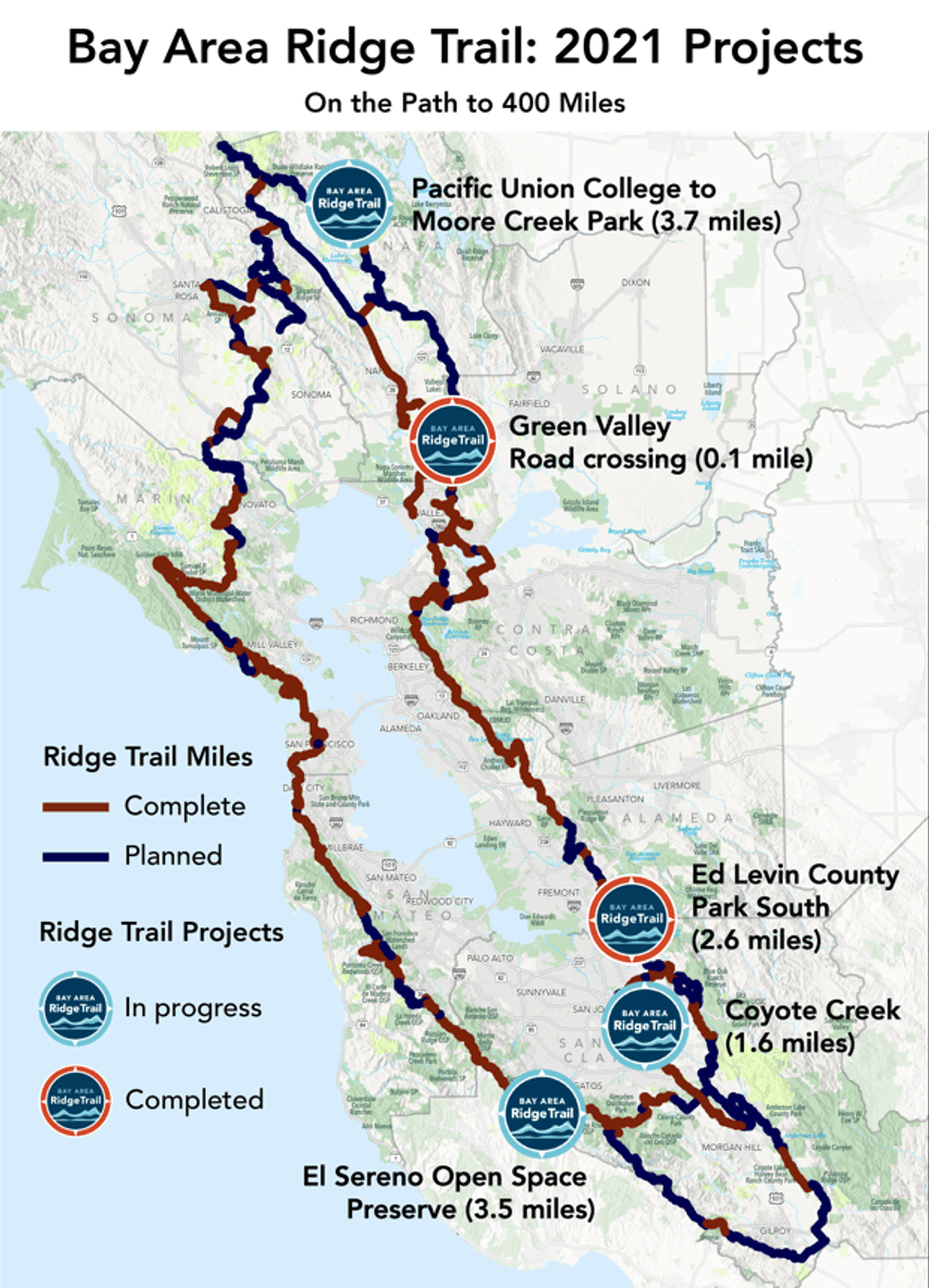 A 3.7-mile section connecting Pacific Union College and Moore Creek Park in Napa County combined with a 3.5-mile portion in Santa Clara County