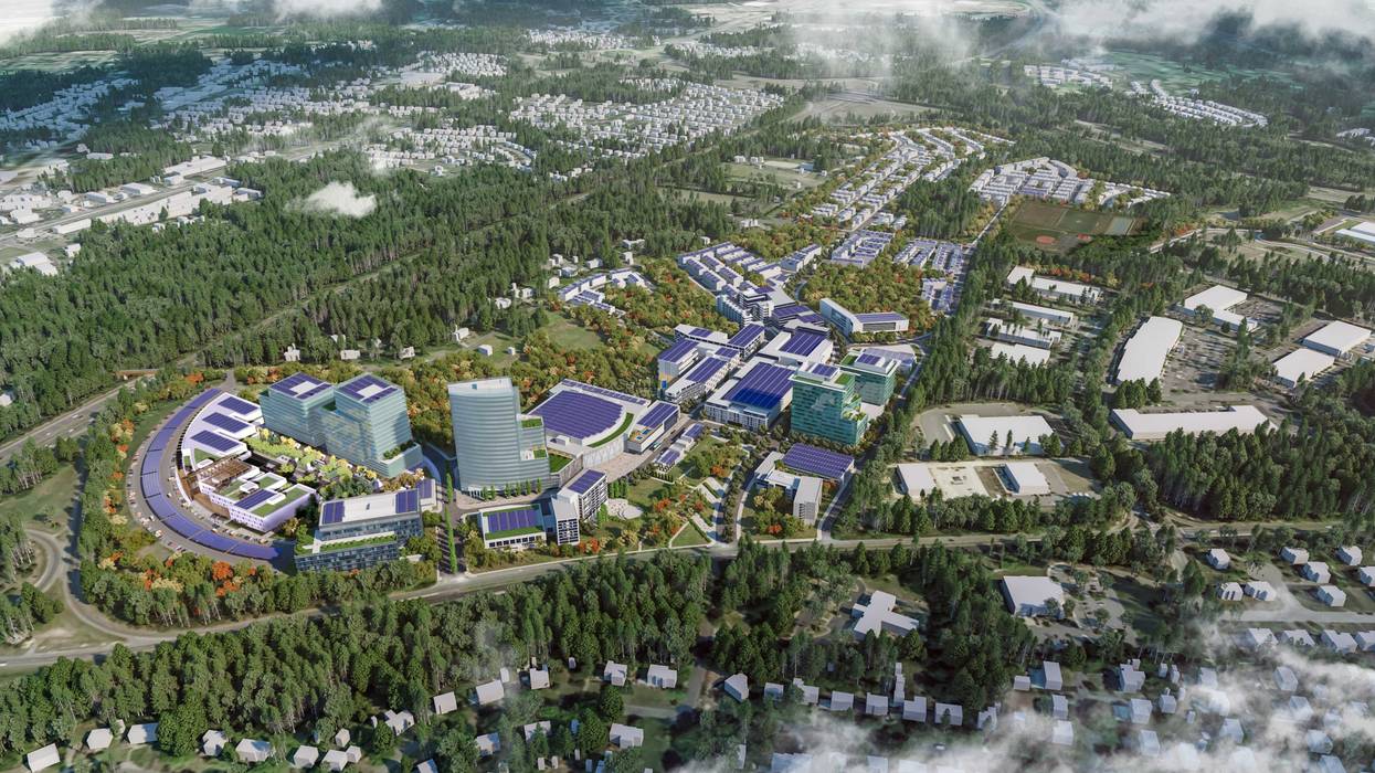 a 3d rendering of a high-tech complex of buildings
