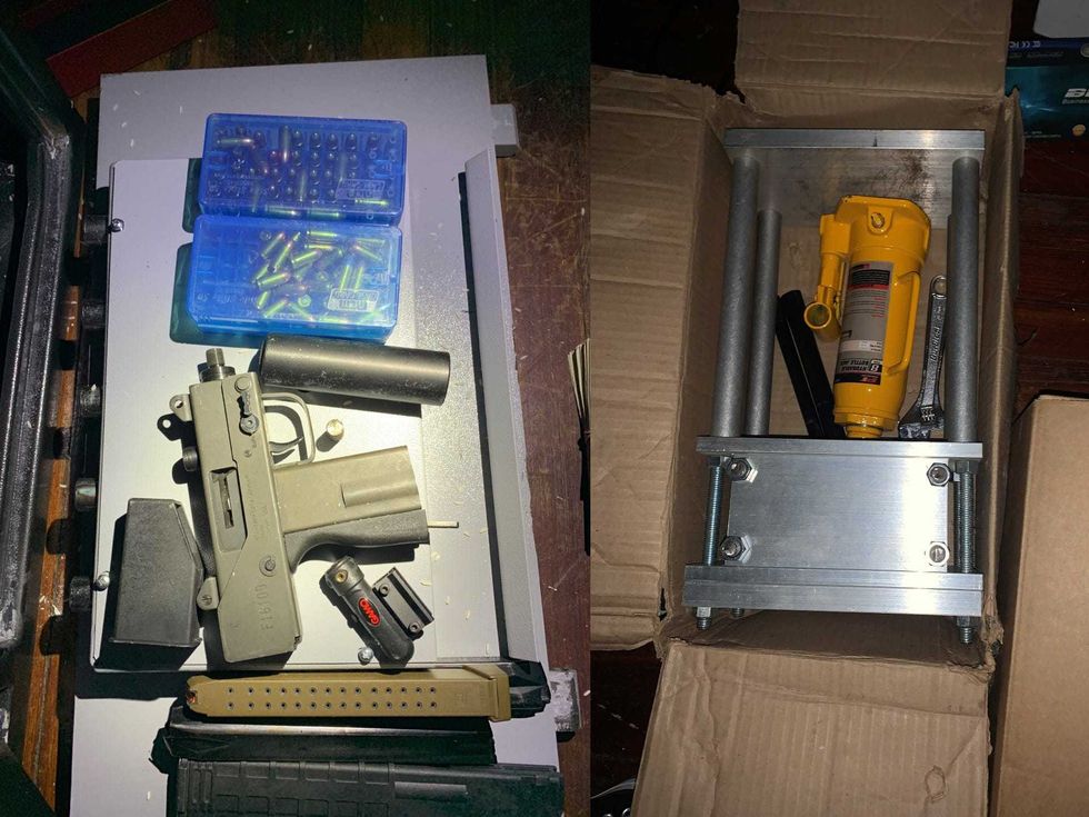 A 9mm pistol, silencer attachment, ammunition and kilo press were found in an alleged drug stash house in Harlem at the end of January.
