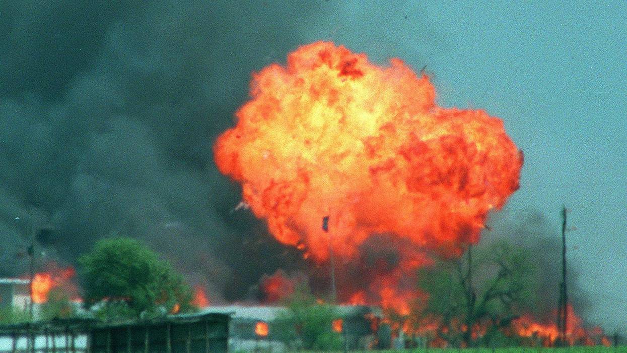 A ball of fire erupts from the Branch Davidian compound in Waco, Texas, on April 19, 1993.
