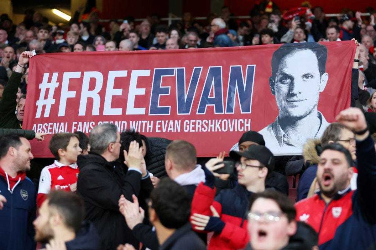 A banner is displayed in support of WSJ reporter jailed in Russia, Evan Gershkovich prior to the Premier League match between Arsenal FC and Southampton FC at Emirates Stadium on April 21, 2023 in London, England.