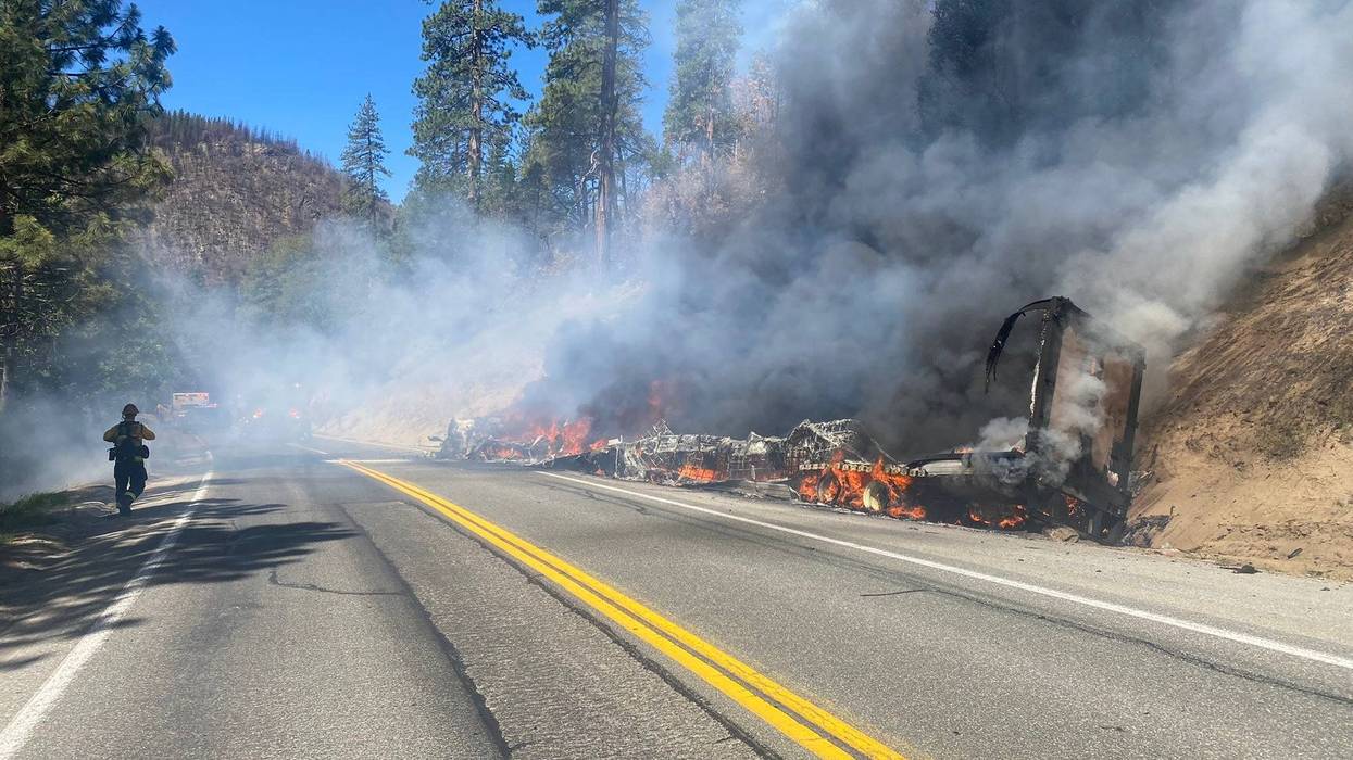 A big rig burns on U.S. Highway 50.