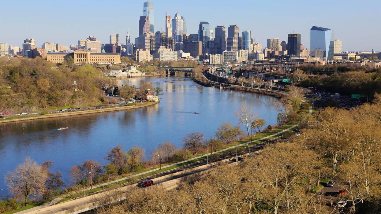 A birds eye view of Philadelphia from a hot air balloon above the Philadelphia Zoo.