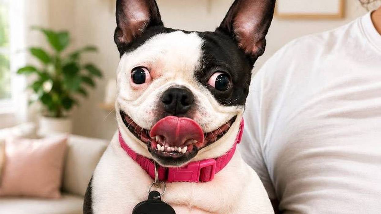 A black and white Boston Terrier with a very wide, toothy smile, tongue out, wearing a pink collar.