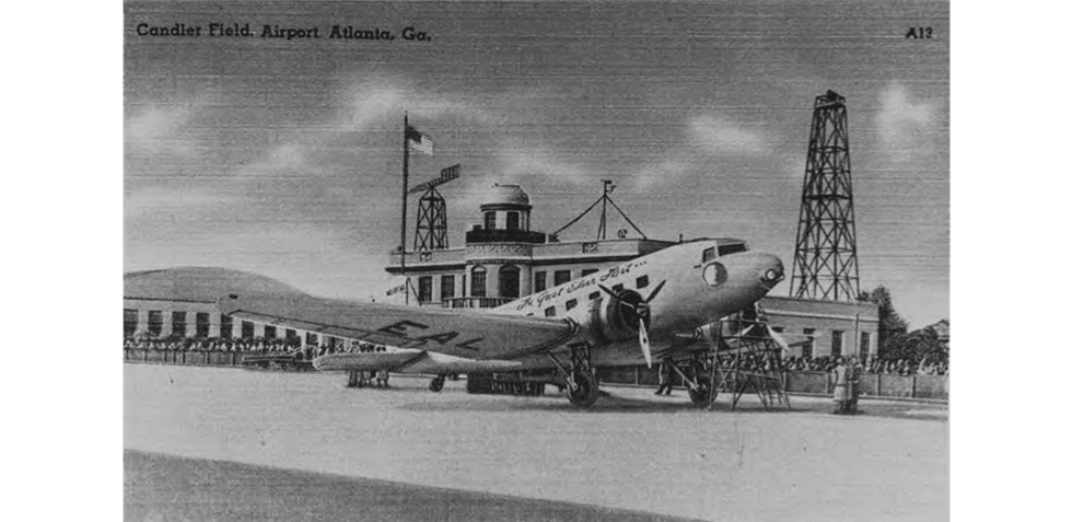 A bomber sits at an airfield in Atlanta.