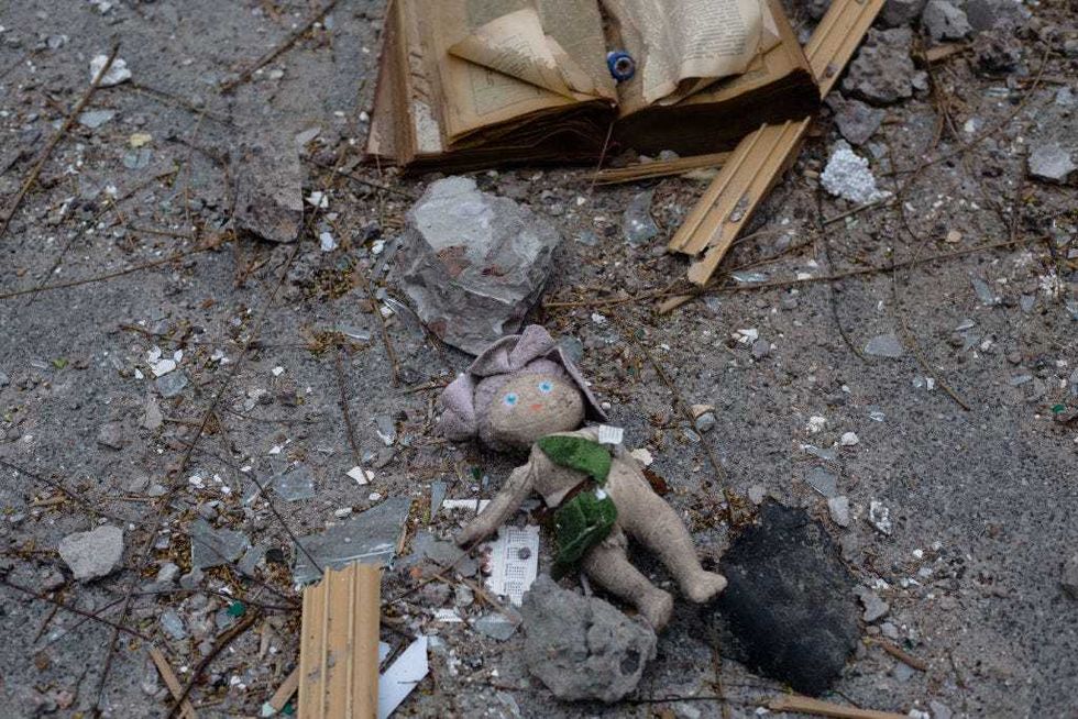 A book and a toy as seen in the rubble of a residential building on April 5, 2022 in Borodianka, Ukraine. The Russian retreat from Borodianka and other towns near Kyiv have revealed the extent of devastation from that country