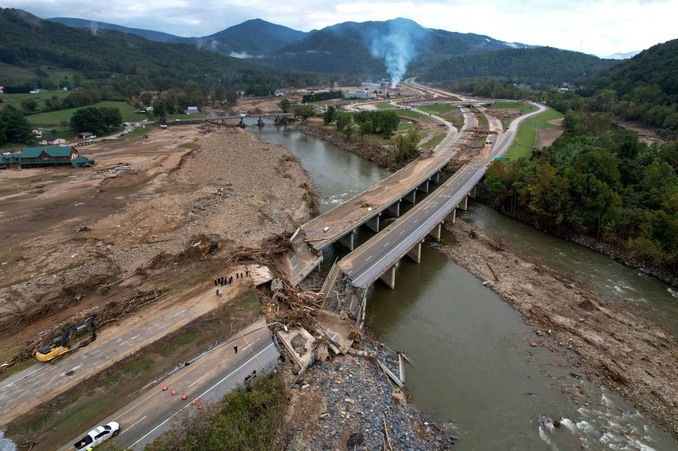 A bridge along Interstate 26 is destroyed in the aftermath of Hurricane Helene, Oct. 4, 2024, in Erwin, Tenn.
