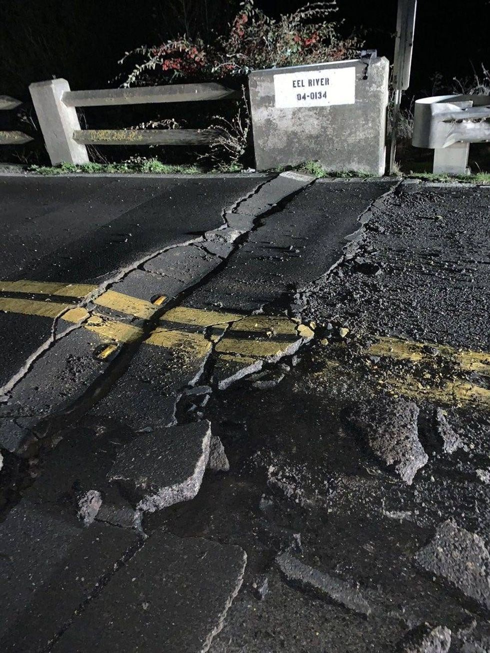 A bridge that crosses the Eel River into Ferndale, known as Fernbridge, suffered major damage following the quake.