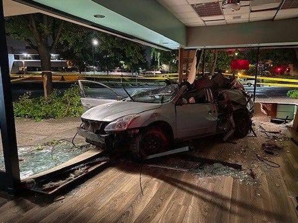 A car has been totaled after crashing through the storefront of a Santa Rosa coffee shop early Thursday morning.