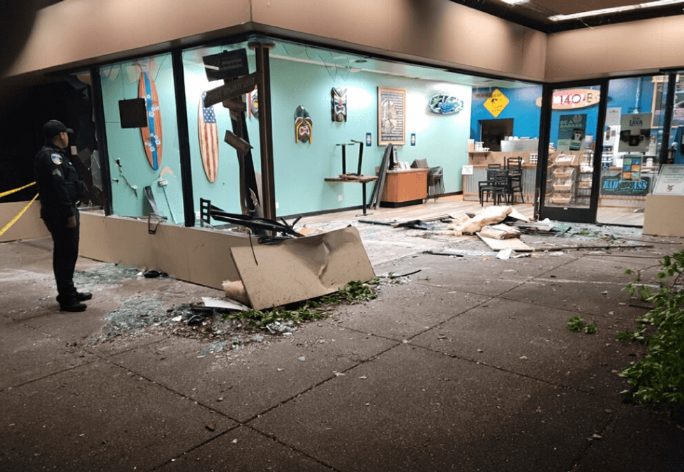 A car has been totaled after crashing through the storefront of a Santa Rosa coffee shop early Thursday morning.