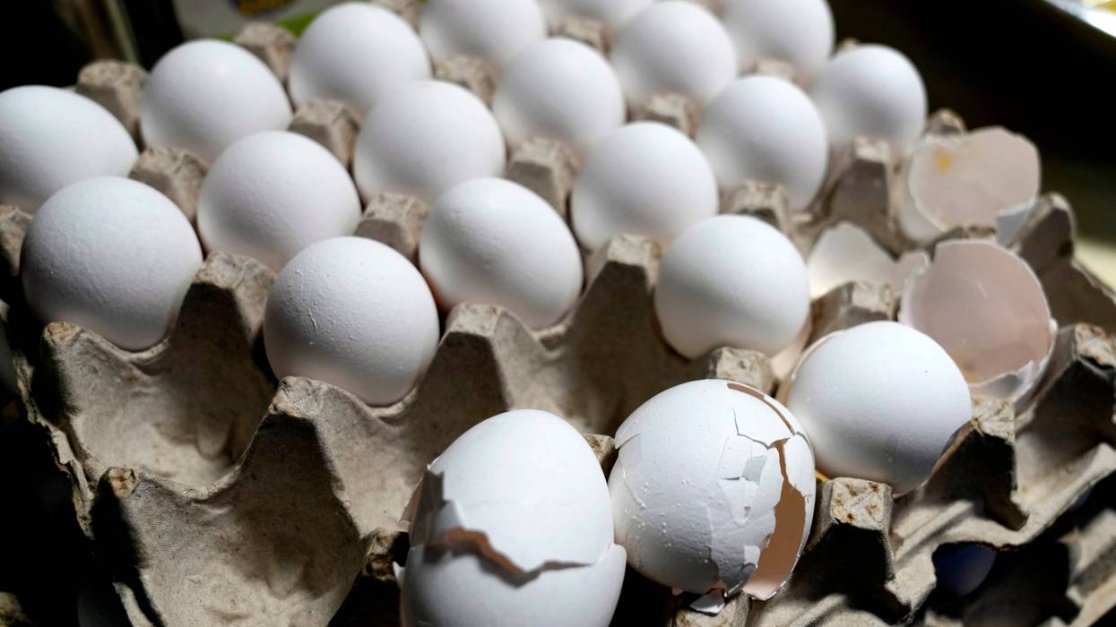 A carton of eggs sit on a counter in the kitchen inside of 5 Rabanitos restaurant in Chicago, Feb. 16, 2025.