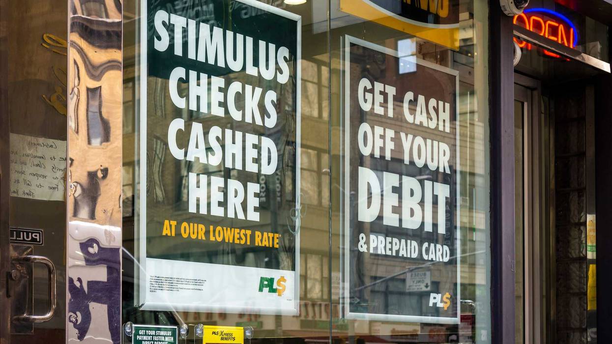 A check cashing business in New York on Friday, May 29, 2020 advertises that they cash stimulus checks. (ÂPhoto by Richard B. Levine)