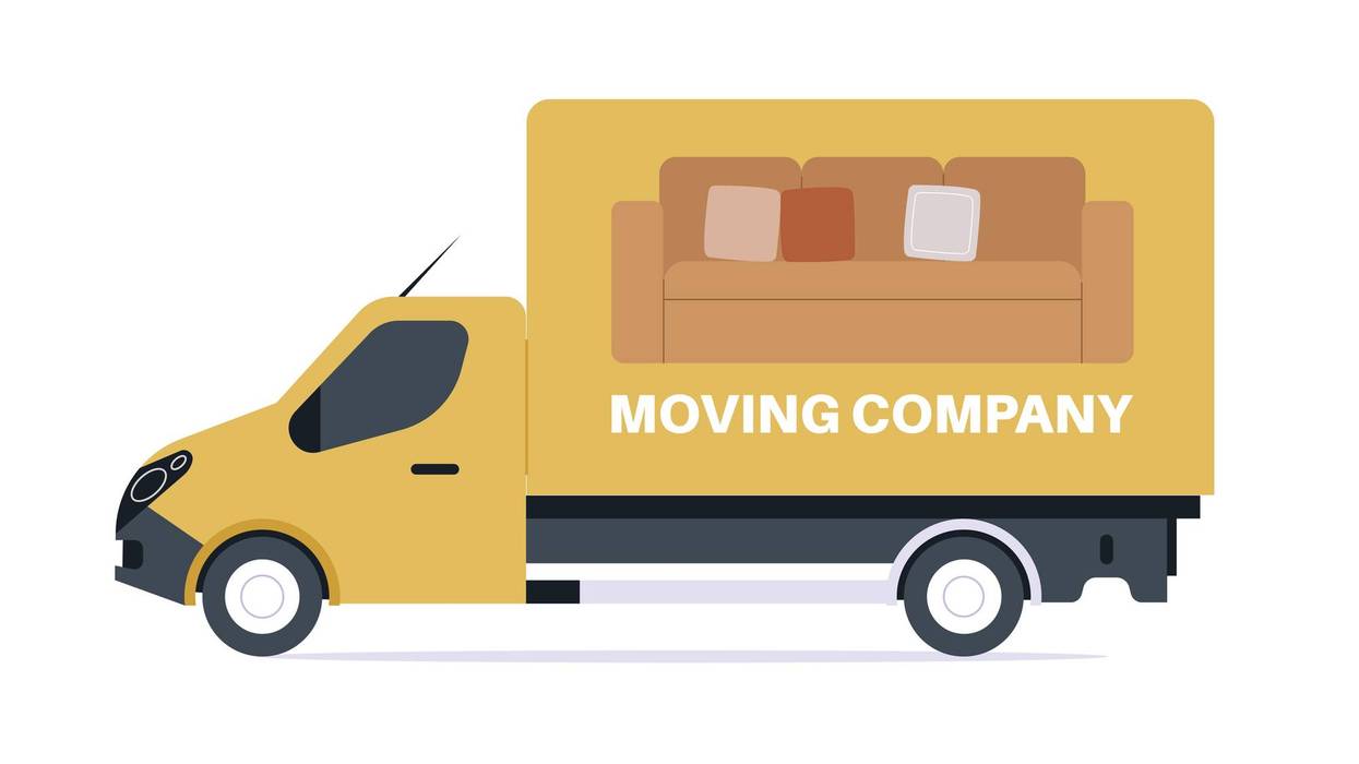 A cheerful yellow moving truck is ready for action, displaying a cozy couch design, signaling a trustworthy moving company available for your next big move.