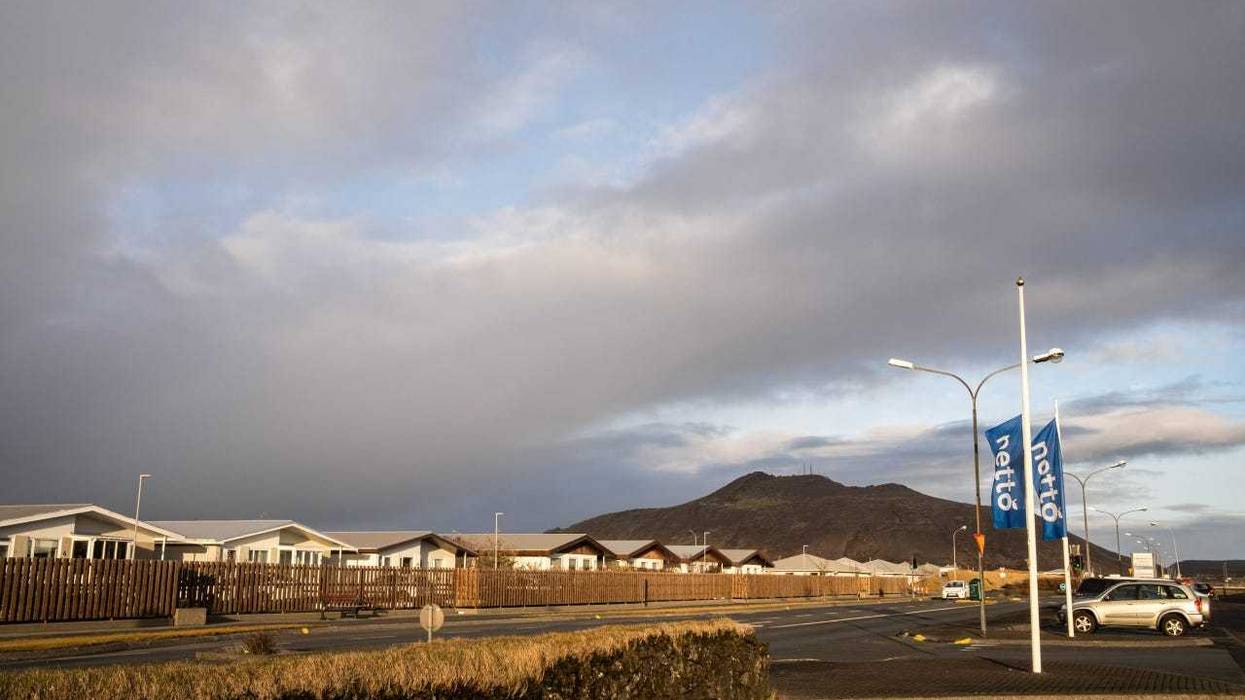 A city street of Grindavik with Thorbjöm mountain in the background. Iceland is preparing for another volcanic eruption on the Reykjanes Peninsula.