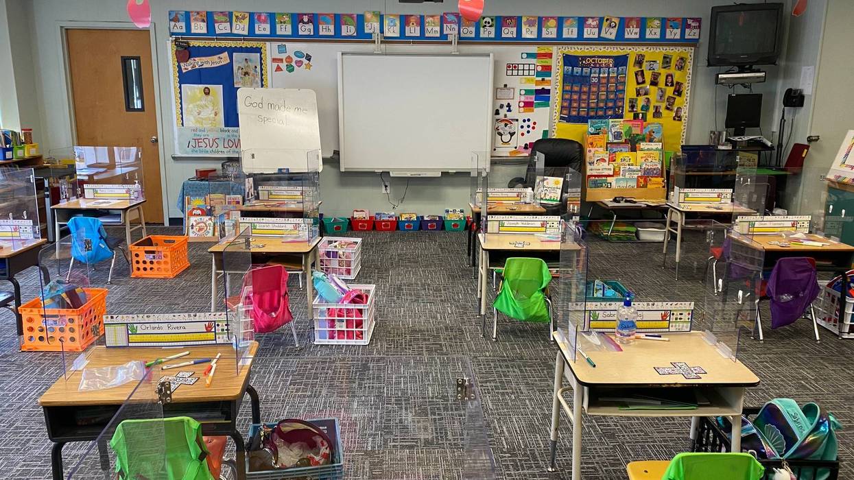 A classroom at Resurrection Elementary in Cherry Hill has extra space between desks.