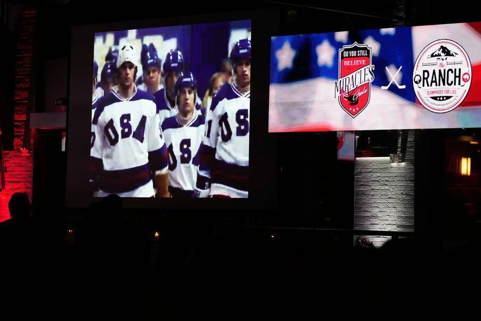 A clip from the movie "Miracle on Ice" about the 1980 Olympic US hockey team is shown during a fundraising event in New York, Wednesday, Oct. 15, 2025.