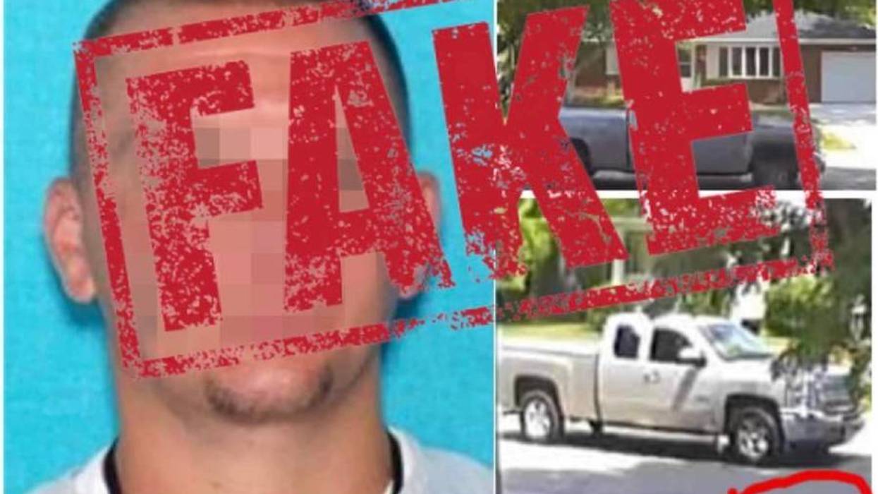 A collage of photos in a Facebook post shows an unknown man's headshot and a silver pickup truck. The word FAKE is stamped over the photos.