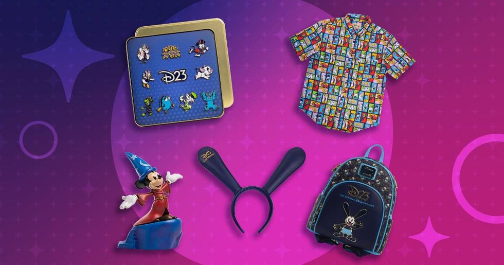 A collection of D23 Disney collectibles: pins, colorful character shirt, Sorcerer Mickey statue, Oswald ears, and mini backpack.