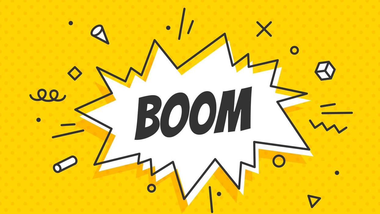 A coming book style graphic that reads "boom"