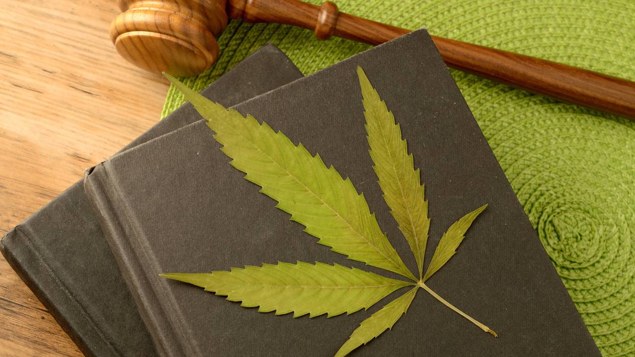A conceptual image focused on the legal information of Marijuana using books and a gavel and weed leaf