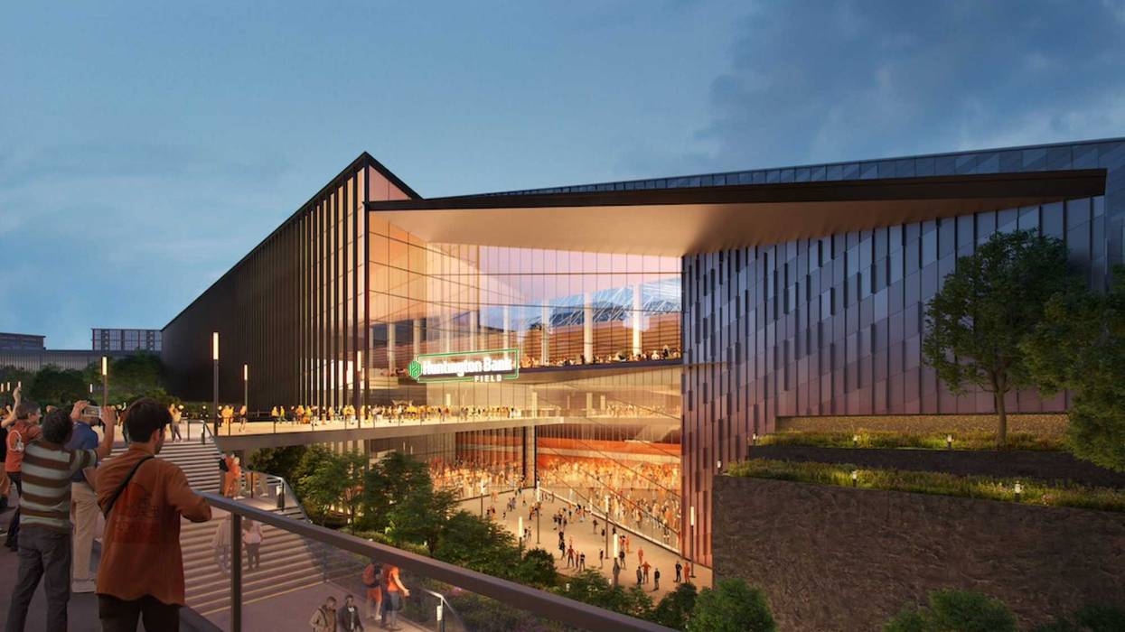 A conceptual rendering of the exterior of a proposed $2.4 billion enclosed stadium for the Browns to be built in Brook Park, Ohio and open in time for the 2029 NFL season.