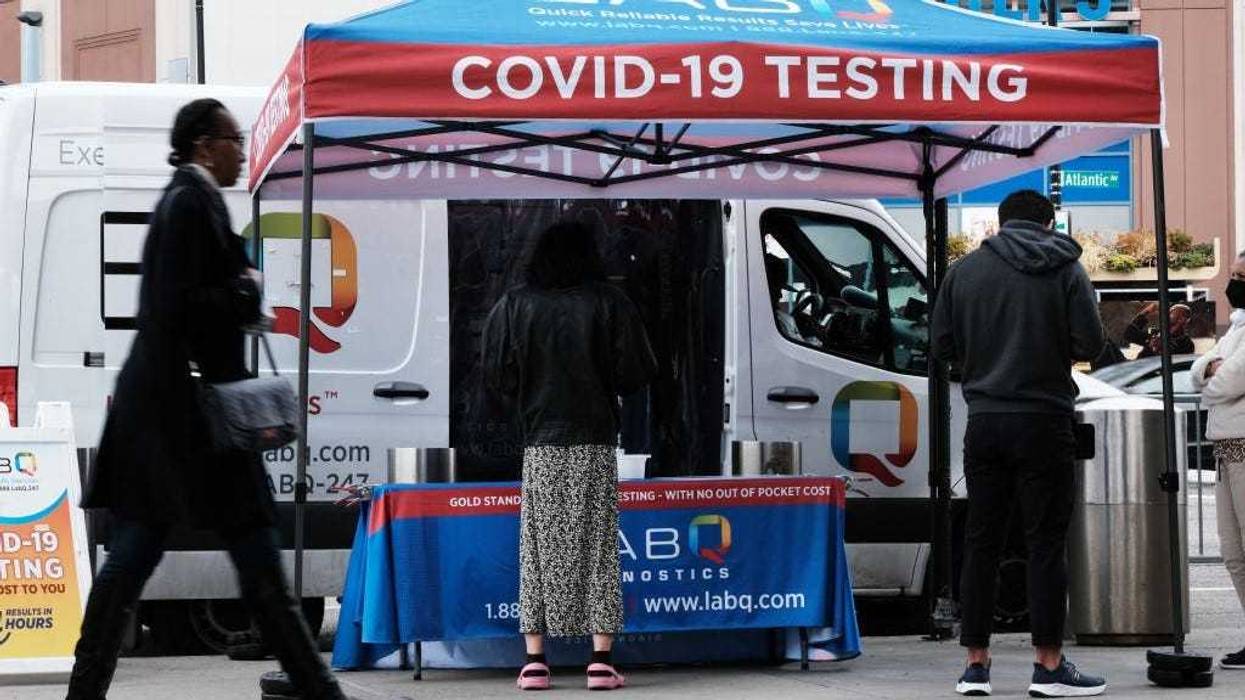 A Covid-19 testing site stands on a Brooklyn street corner on April 18, 2022 in New York City.