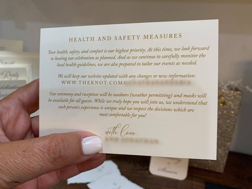 A "COVID insert" being placed in wedding invitations.