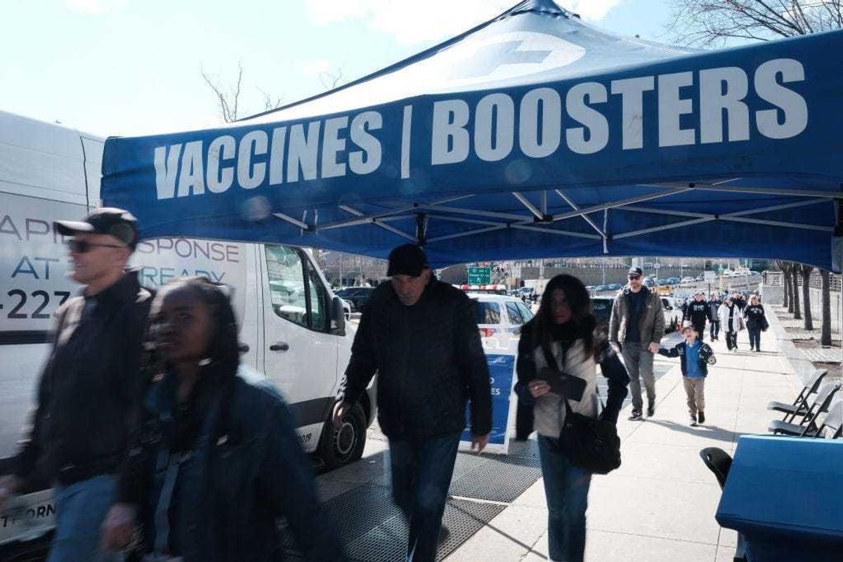 A Covid vaccine and testing site is set up outside of Yankee Stadium on the Opening Day of the season for the Yankees as they face off against rivals the Boston Red Sox on April 08, 2022 in New York City.