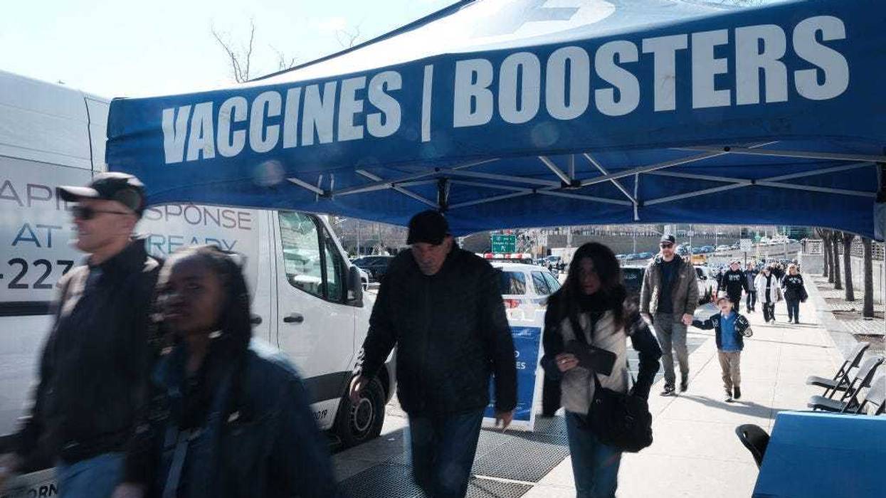 A Covid vaccine and testing site is set up outside of Yankee Stadium on the Opening Day of the season for the Yankees as they face off against rivals the Boston Red Sox on April 08, 2022 in New York City.