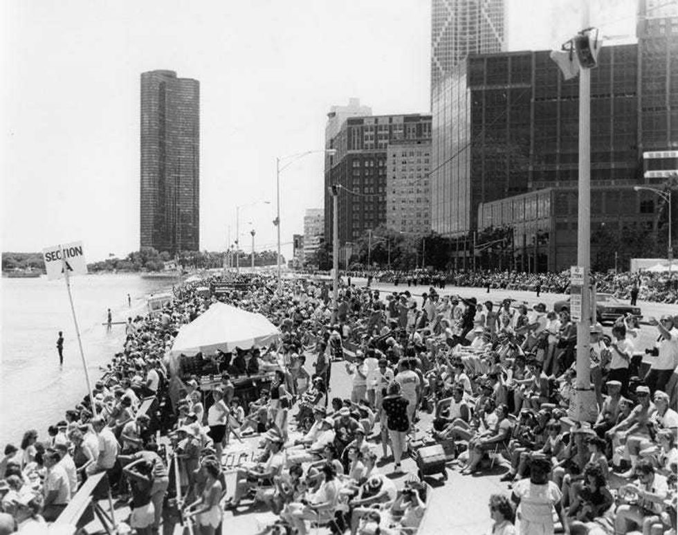 A crowd enjoys the Chicago Air and Water Show on Lake Michigan. The first Air and Water Show was held at Chicago Avenue and Lake Michigan in 1959.