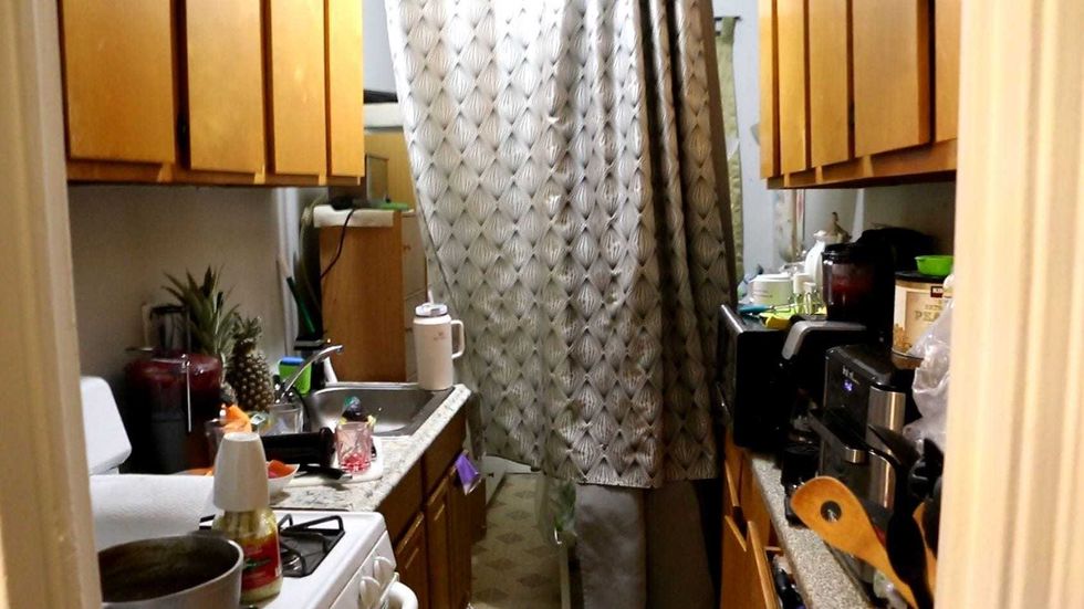 A curtain dividing the kitchen where the unlicensed dental "office" was set up.